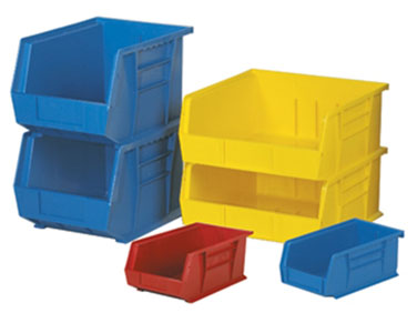plastic bin on rivet shelving